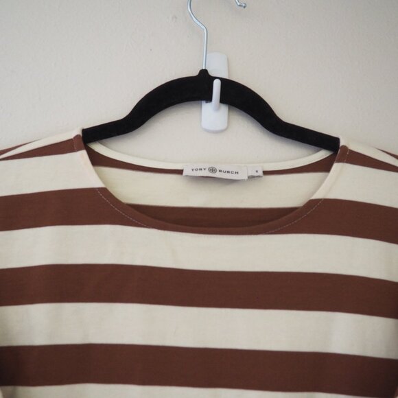 Tory Burch Jersey Striped Long Sleeve Midi Dress in Dark Auburn French Cream - Picture 7 of 11